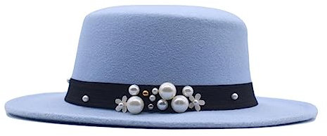 GRFIT Fedora Trilby Filzhut Hut Lässiger Flacher Top-Hut Mit Flacher Krempe Für Männer Und Frauen Retro-Perle Modischer Hut Erwachsene57Cm Himmelblau