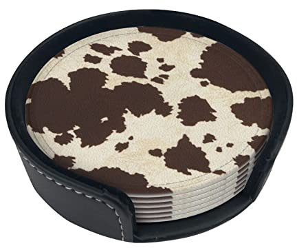 Untersetzer aus Leder mit Kuhfell-Druck, modisch, bügelfest, rund, 10,2 cm, Getränkeuntersetzer-Set (6-teiliges Set) mit Aufbewahrungsbox, Tischdekoration und Schutz