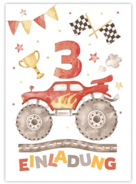 12 Einladungskarten zum 3. Kindergeburtstag Jungen Monster-Truck Auto Einladungen zum dritten Geburtstag Kinder bunte Geburtstagseinladungen