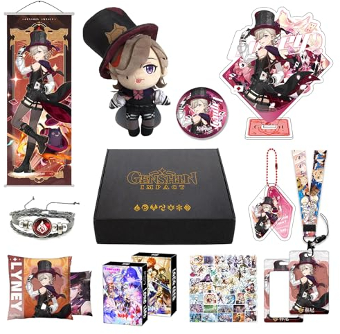 MOTAO Genshin Impact Box Xiao Hu Tao Qiqi Merch Set - Puppe, Poster, Kissenbezug, Standfigur, Armband, Abzeichen, Schlüsselanhänger, Kartenhülle, 30 Lomo Karten, 50 Aufkleber (Lyney)