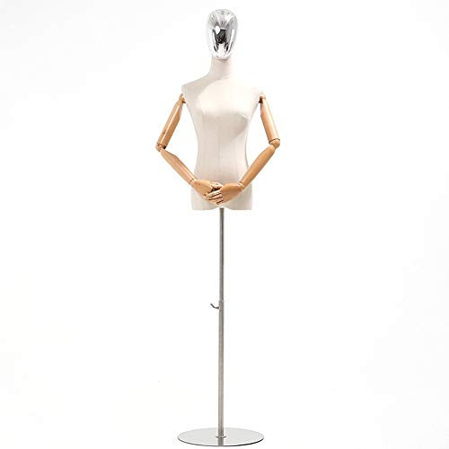 Weibliche Schaufensterpuppen-Kleiderform mit Kopf, flexiblen Armen und silbernem Metallsockelständer, für schwere Brautkleid-Hochzeitskleid-Kleidungspräsentation, gebrochenes Weiß (Farbe: runde Metall