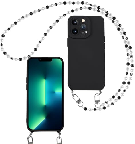 Pnakqil Coque pour iPhone 13 6.1 avec Cordon, Silicone TPU Etui de Smile Perles Corde Collier, Antichoc Bumper Housse avec Cordage Crossbody Chaîne Lanyard Case, Noir