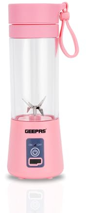 Geepas Portable Smoothie Maker - 330ML Personal Blender with Rechargeable USB Cable, 6 Blades, Fruit Mixer Juicer Mini Portable Blender Cup for Travel, Kitchen, Gym, Office, Pink