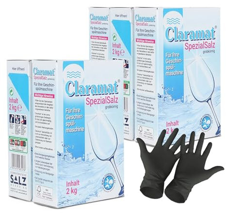 Claramat Spezial Salz 5 x 2 kg (10 kg) Spülmaschinensalz Regeneriersalz Wasserenthärteranlagen Geschirrspülmaschine inklusiv 1 Paar ARNOMED Einweghandschuh