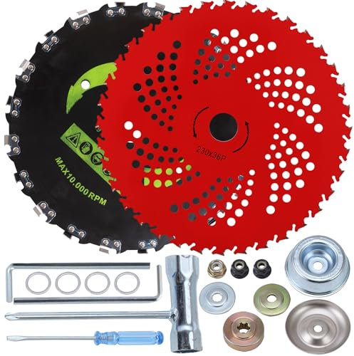 PLAXNS Lame con punta in carburo da 22,9 cm x 36 denti e taglierino per motosega da 20 denti, lame rotonde per motosega, con kit adattatore universale, adatte per decespugliatori, tagliabordi