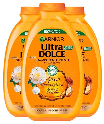 Garnier Ultra süßes nährendes Shampoo für trockenes und stumpfes Haar, die wunderbaren Öle Argan- und Kamelie, belebend, mit Inhaltsstoffen 97% natürlichen Ursprungs - 3 Flaschen à 400 ml