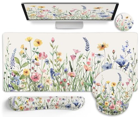 LIMKRIAN Flower Mouse Pad Set - Large Ergonomic Desk Matt with Wrist Rest for Gaming, Keyboard Mat Cup Coaster Set - Cute Office Desk Decor Accessories