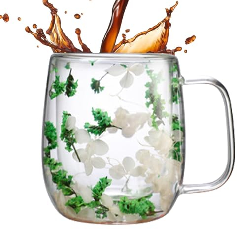 Taza de café de cristal de flores secas | Tazas de café de vidrio de doble pared con flores secas | Taza de té de con flores secas | Taza de del té de los vidrios de la bebida