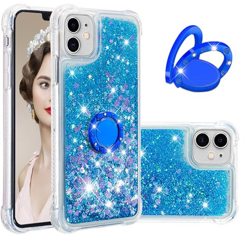 IMEIKONST Glitter Case for iPhone 12 Mini with Metal Ring Kickstand, Moving Liquid Bling Quicksand Transparent Sequin Shockproof Protective Cover for iPhone 12 Mini. Love Blue YBZ