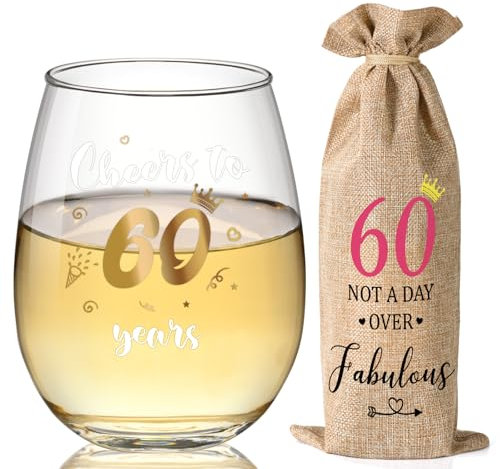 Livole 60th Birthday Gifts for Women, Mum, Cheers to 60 Years Glass Set, 60th Wine Glass, Women Ladies Birthday Presents Unique, 15oz 445ml Stemless Drinking Glasses Set, Wine Bag Pouch