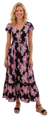 Roman Shirred Empire Waist Dress for Women UK Ladies Midi Maxi Summer Spring Tiered Frill Hem Short Sleeve V Neck Button Through Boho Bohemian Holiday Cruise - Pink Black - Size 12