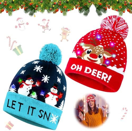 2 Stück Weihnachtsmütze Kinder, LED Weihnachtsmütze, Mütze mit LED Licht Kinder, Weihnachtsmann Mütze, Weihnachten Hut für Unisex Kinder Erwachsene Weihnachtsfeier Winter Urlaub Weihnachten Mützes