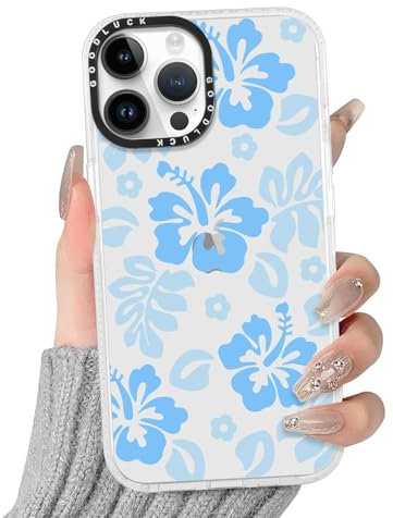 RUMDEY Clear Hibiscus Flower Case for iPhone 11 Pro 5.8, Cute Preppy Floral Crystal Pattern Aesthetic Design Soft Slim Anti-Yellow Protective Shockproof TPU Phone Cover for Women Girls - Blue