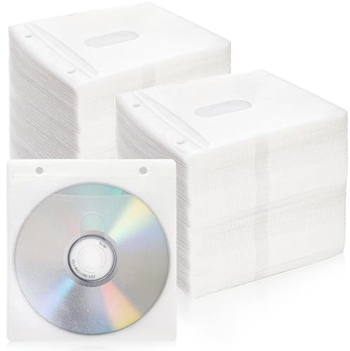Fasmov 500 Pack Premium CD DVD Sleeves, Double Sided Refill Plastic Sleeve Disc Sleeves with Non-Woven Fabric for CD and DVD Storage Binders Disc Case (White)