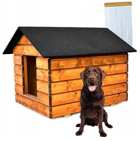QLS Niche pour chien taille L avec rideau isolé résistant à l'hiver pour l'extérieur (pin, taille L)