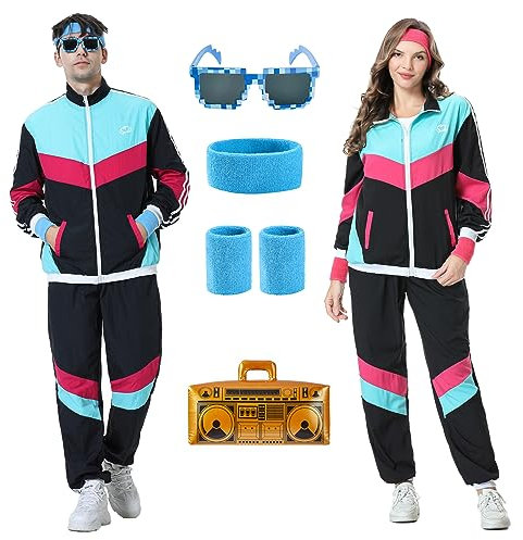 Poywuo 80er 90er Jahre Outfit Herren Damen 80er Trainingsanzug Jacke Hose Anzug für Fasching, 80er Jahre Kostüm Herren Damen Retro Jogginganzug, 80 90 Jahre Outfit Erwachsene