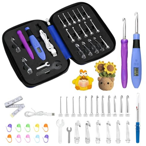 LED Häkelnadel Set, 18 in 1 Digitale Häkelnadeln mit Zähler, Beleuchtete Häkelnadeln Set mit Großem/Kleinem Schraubenschlüssel, Ersatz Häkelgriff und Aufbewahrungstasche, zum Häkeln und Stricken