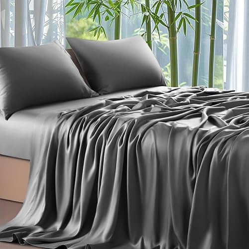 Spannbettlaken, 160 x 200 cm, Bambus, Grau, Spannbettlaken, glatt, atmungsaktiv, für dicke Matratzen, hypoallergen, bügelfrei, elastischer Saum, bis zu 30 cm
