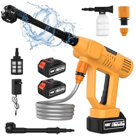 Idropulitrice a Batteria, 65Bar Idropulitrice Portatile con 2 Batterie, 10 Livelli di Pressione Regolabili, Ugello 6 In 1, Tubo 5 m, Vaso di Schiuma, Idropulitrice Senza Fili per Auto Giardino