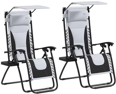 Outsunny Zero Gravity Lounger Chair Set of 2, Folding Reclining Patio Chair with Shade Cover, Padded Seat, Cup Holder, Soft Cushion and Headrest for Poolside, Camping, Light Grey