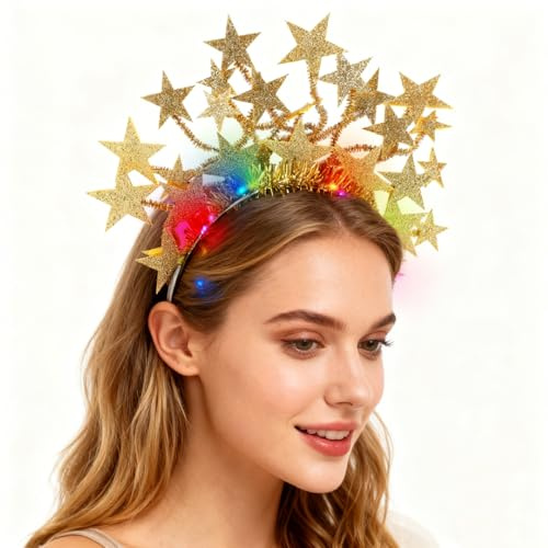 CPROSP Leuchtendes Stern-Stirnband, 3 Modi Blinkende Haarreifen Damen, LED Haarreif für Frauen und Mädchen, Weihnachten, Karneval, Party, Festival Accessoires, Hochzeit Dekor,Gold