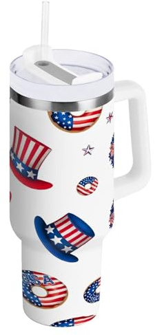 RPLIFE USA Flag Donuts Coffee Tumbler, Stainless Steel Coffee Cup, Iced Coffee Tumbler with Straw