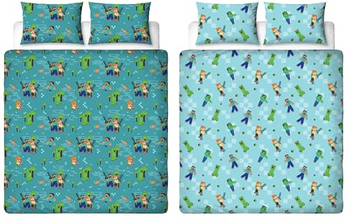 Character World Offizielles Minecraft Movie-Bettbezug-Set für Doppelbett | Wendbare Bettwäsche im Level-Up-Design, 2-seitig, inklusive passender Kissenbezüge | Doppelbett-Set