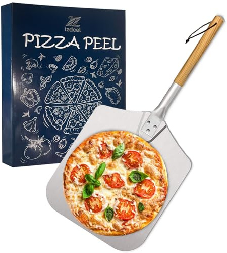 izdeel 12 in Pelle a Pizza avec, Spatule Pizza 31 cm x 33 cm - Pelle Pizza en Aluminium de Haute Qualité, Aluminium Anodisé Durable et Poignée en Bois Massif Naturel