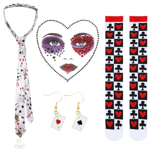 VerLuky Herzkönigin Kostüm Set Damen mit Pokerkarten Krawatte,Ohrringe,Halterlose Strümpfe und Gesicht Strass,Casino Kostüm Damen,Spielkarten Accessoire für Karneval Halloween Party