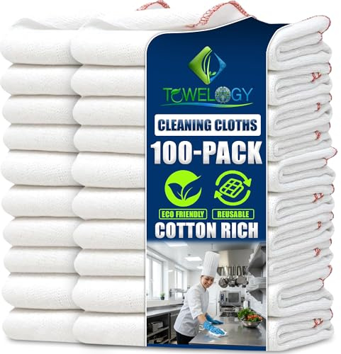 Towelogy Jumbo Dish Cloths 100 Pack – Cotton Rich Kitchen Cleaning Towels 38×45cm, Super Absorbent & Durable for Washing, Cleaning & Drying (100, Red Borders)