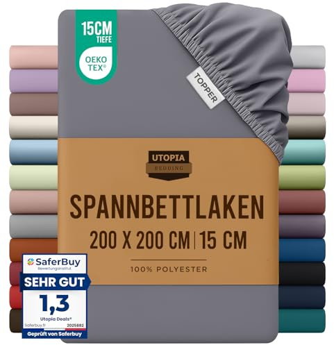 Utopia Bedding - Topper Spannbettlaken 200x200cm - Grau | Gebürstete Polyester-Mikrofaser Spannbetttuch- Oeko-Tex Zertifiziertes - 15 cm Tiefe Tasche