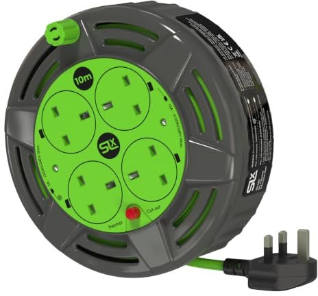 SLx Cavo di prolunga compatto a 4 prese da 10 m, taglio termico, resistente per giardino, tosaerba e scrivania, spina britannica in ghisa 13 A, grigio e verde