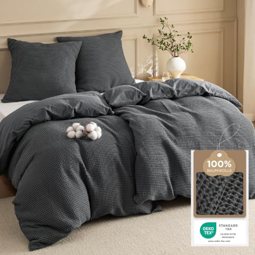 BEDSURE Bettwäsche 135x200 Baumwolle Waffelpiqué - 4teilig Anthrazit | Waffel-Baumwoll-Bettwäsche mit Reißverschluss, einfache Montage, ÖKO-TEX, weich & hautfreundlich, ganzjährig geeignet