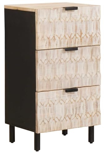 SooIarix Modern Sideboard, White Wash Finish Solid Mango Wood, 40 x 33 x 75 cm, Lightweight Durable Living Room Furniture with 3 Drawers, TV Console