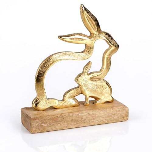 com-four® Deko-Hase aus Metall mit Mangoholz-Standfuß, Osterhase | elegantes Wohnaccessoire - Deko-Aufsteller für Ostern - Metallfigur