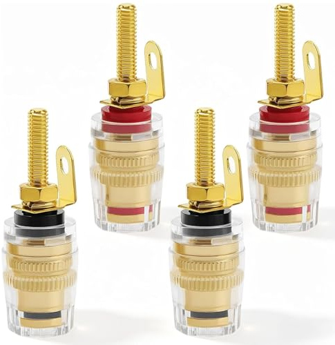 AmiCera 4PCS Speaker Terminal Banana Plugs Speaker Binding Post Banana Plug Socket 4mm Amplifier Terminal Transparent 42mm Extended Thread DIY HiFi Audio Connector Gold Plated 2 Black 2 Red