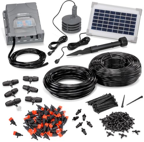 Esotec Solar Bewässerungssystem Tröpfchenbewässerung WaterDrops50Pro 101124 | Automatische Bewässerung, 50 regulierbare Tropfer, 2 Bewässerungszyklen täglich 0,5–8Min, 3,5Wp, Akku wechselbar, Komplettset