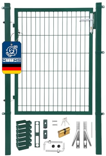 ATTAS Gartentor 125x100 cm | Grün - RAL6005 | Quadratrohr | Gartentür Metall, pulverbeschichtet, abschließbar mit Schloss & 3 Schlüsseln | Zauntor für Doppelstabmattenzaun, Hoftor, Zauntür