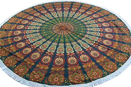 GURU SHOP Rundes Indisches Mandala Tuch, Boho Tagesdecke, Picknickdecke, Stranddecke, Runde Tischdecke - Grün/orange, Baumwolle, 180x180x0 cm
