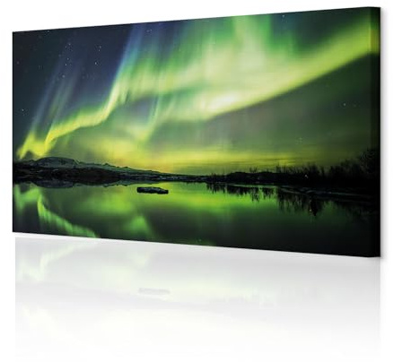 decomonkey Wandbilder Polarlicht 135x45 cm 1 Teilig Leinwandbilder Wanddeko | Strukturleinwand, Holzkeilrahmen, Bild auf Leinwand, Kunstdruck, Wohnzimmer, Wanddekoration, Landschaft, Nordlicht, schwarz
