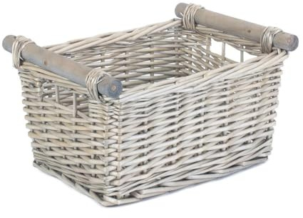 Red Hamper ST047 Wicker Medium Grey Wash Wooden Handled Storage Basket