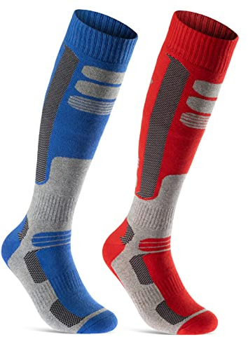 2 Paar Skisocken Herren Damen Ski Kniestrümpfe Atmungsaktiv WP (Blau | Rot, 39-42)