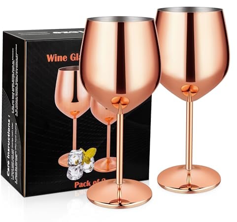 Velaze Copper Wine Glasses Set, 600 ML Stainless Steel Unbreakable Wine Goblets Shatterproof for Red and White Wine, Luxurious Hammered Copper Wine Glasses Set of 2, for the Wine Lovers