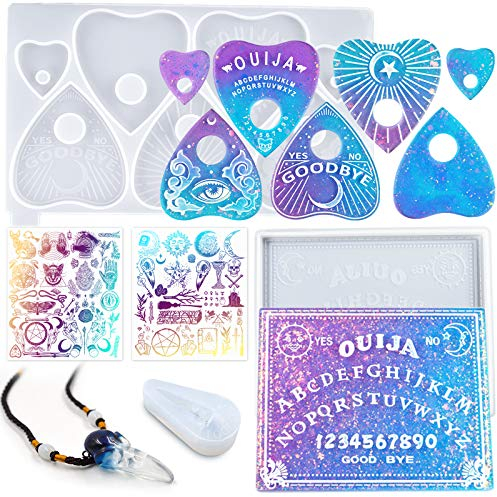 Spirit Board and Planchette Epoxy Resin Silicone Moulds with Raven Skull Pendant, Holographic Transparent Films, Gothic Necklace Jewellery Casting Set 5-Count