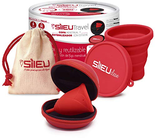 Pack Sileu Travel: Coppetta mestruale Rose – Modello iniziale – Taglia XS, Rosso, Flessibilità Standard + Astuccio di fiore rosso + Sterilizzatore pieghevole, rosso