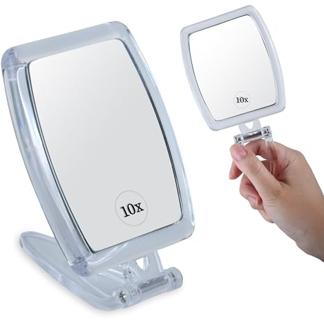Handspiegel mit 10 Fach Vergrößerung - Klappbar, 10Fach und 1fach Schminkspiegel - Taschenspiegel, Reisespiegel, Tischspiegel - 8,4cm x 18,6cm (Quadrat)