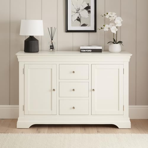 Wilmslow White Painted Large 3 Drawer 2 Door Sideboard - Elegant French-Inspired Design, Adjustable Shelves, No Assembly Required - H 870mm x W 1370mm x D 445mm