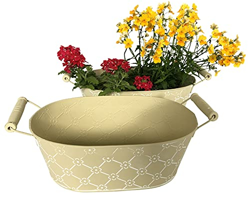 OF 2 Blumenkasten, Schalen aus Zink in Pastellgelb, Creme mit weißen Blumenblüten - Garten Blumentöpfe Set P36