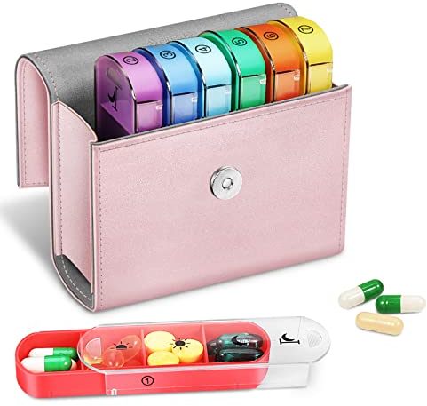 FINPAC Pilulier hebdomadaire avec sacoche en cuir PU, 7 Jours 4 fois par jour Organisateur de pilule de voyage avec carte Nom pour Matin Midi Soir Coucher pour pour vitamines, médecine, Or rose