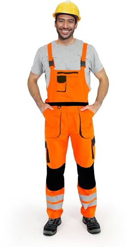 Ploutos - Men's Hi Vis Viz Contrast Bib and Brace Outdoor Workwear Overall High Visibility Safety Protective Dungarees Trousers (XL, Orange)